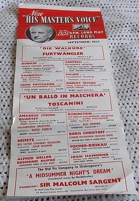 Original shop promo poster HMV classical LPs September 1955 VG+ Furtwangler etc A