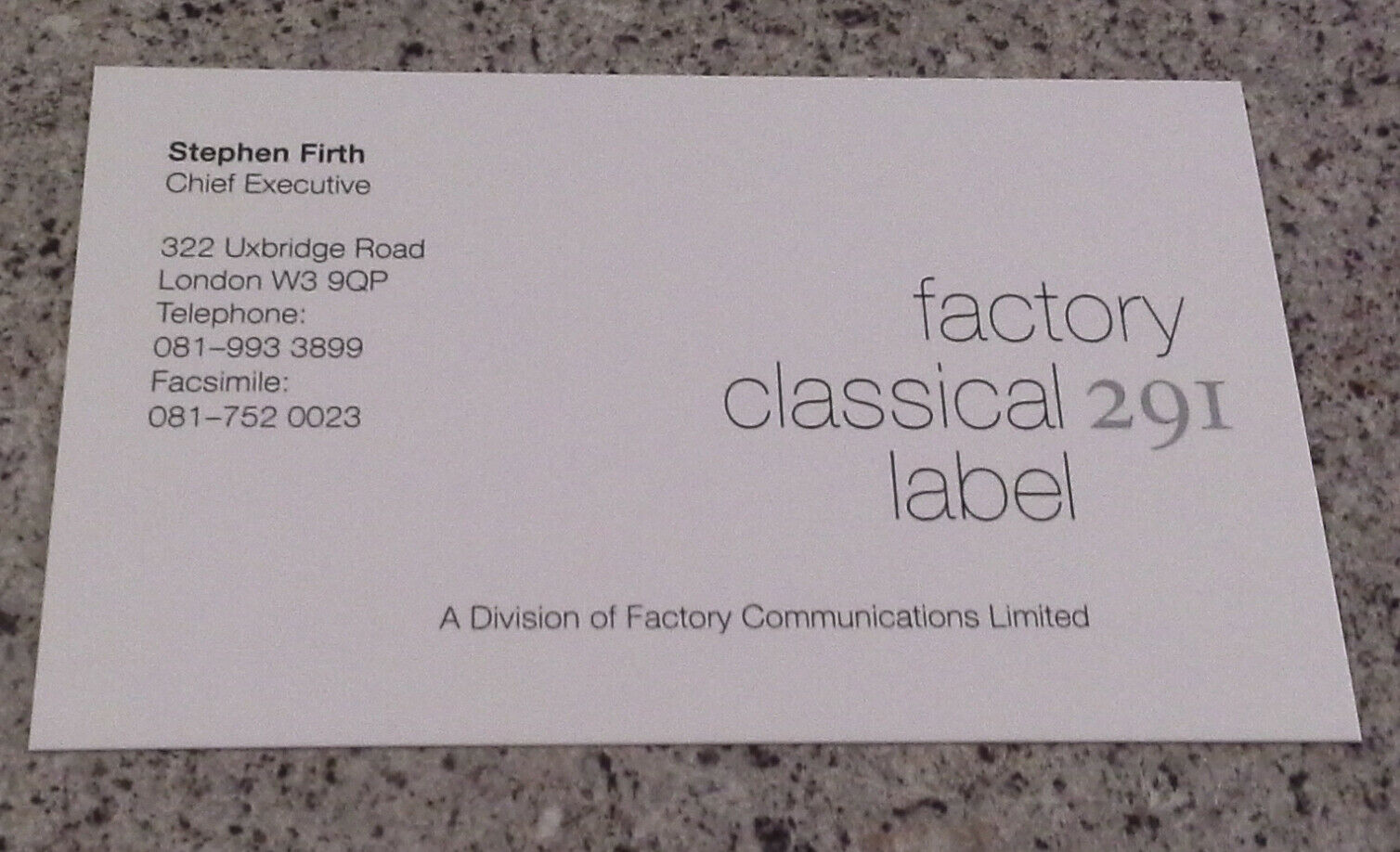 Factory Records Factory Classical FAC 291 Business card for Factory Classical A