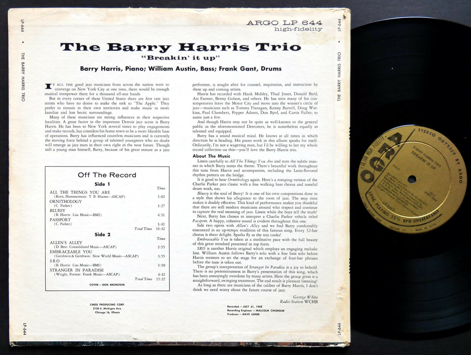 - BARRY HARRIS TRIO Breakin' It Up LP ARGO LP 644-S DG