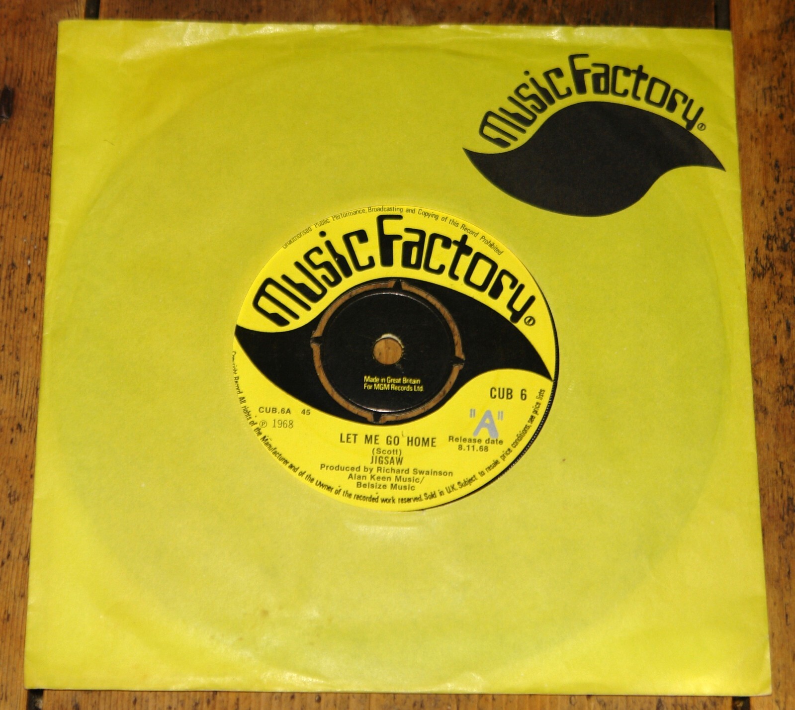 JIGSAW LET ME GO HOME b/w TUMBLIN' UK MUSIC FACTORY DEMO 7" 1968 A