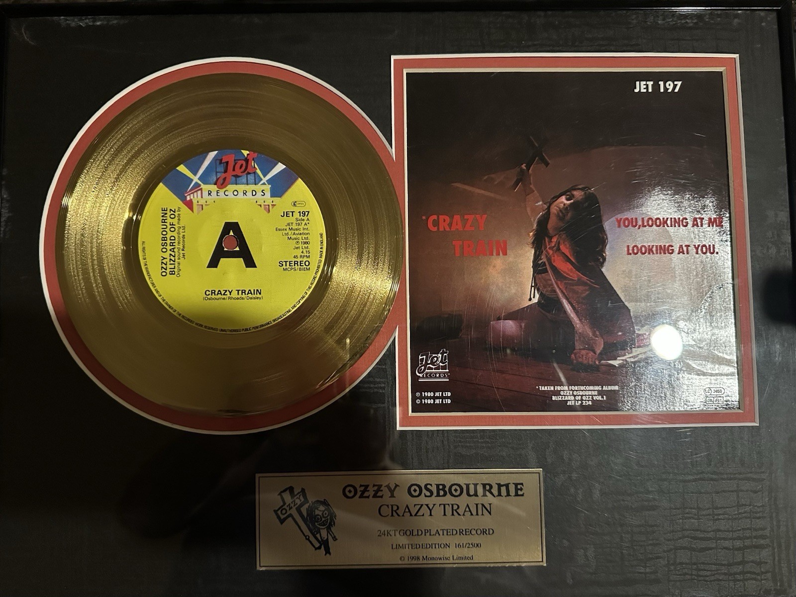 Ozzy Osborne Crazy Train Gold Record Framed With Letter Of Authenticity A