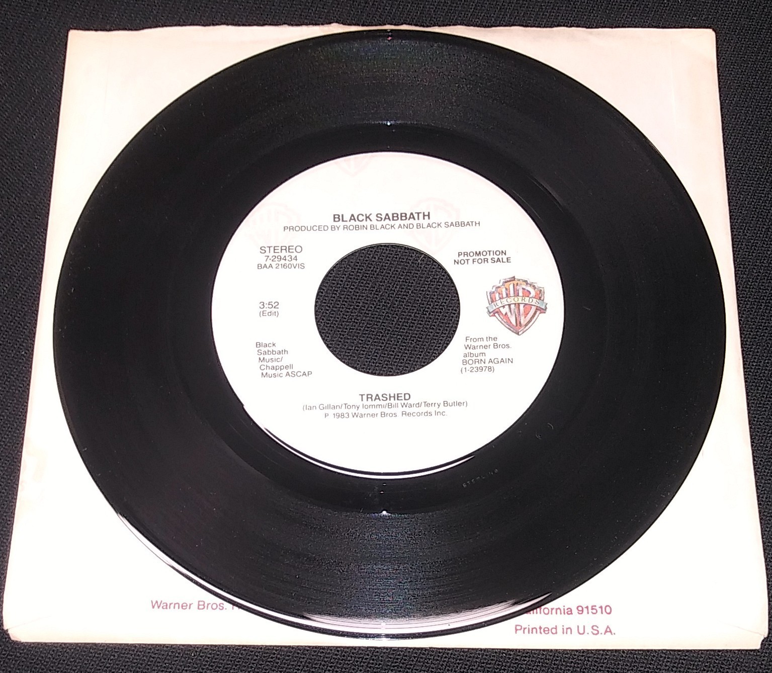 45 rpm heavy metal BLACK SABBATH TRASHED stereo/mono promo 1983 Warner 29434 EX A