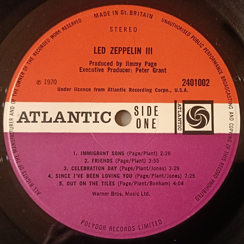 Led Zeppelin LP 3 UK Atlantic Plum 1st Press PETE GRANT CREDIT INCREDIBLE AUDIO A