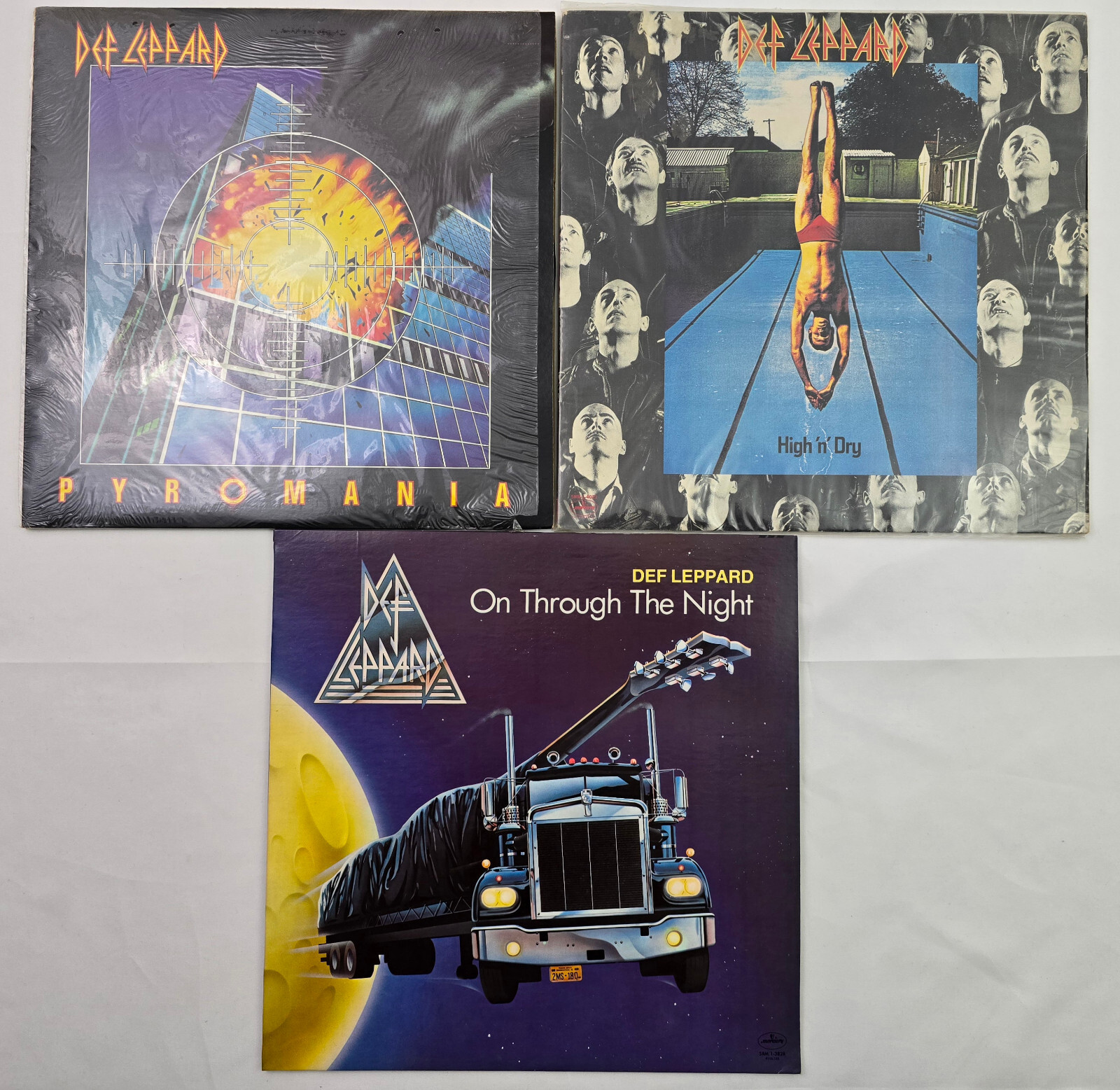 3 Def Leppard Vinyl LP Record Lot, High N&rsquo; Dry, Pyromania, On Through The Night A