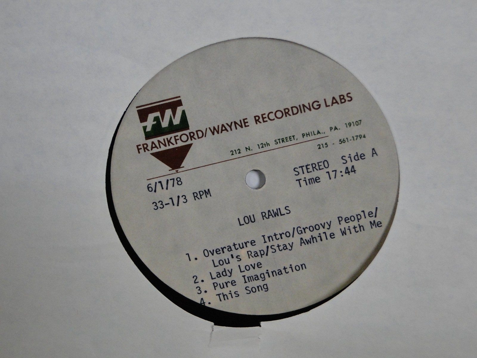 LOU RAWLS ACCETATE FROM 6/1/78 SIDES A & B-EXCELLENT CONDITION A